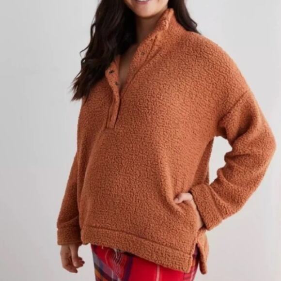 Aerie cloud Sherpa oversized pullover sweatshirt brown tan snap fleece brown M - Picture 11 of 15